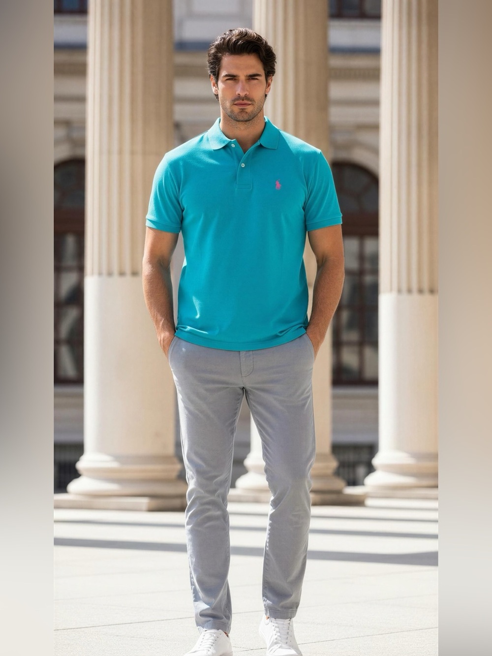 U.S. Polo Assn. Men's Turquoise Polo with Pink Logo Accents